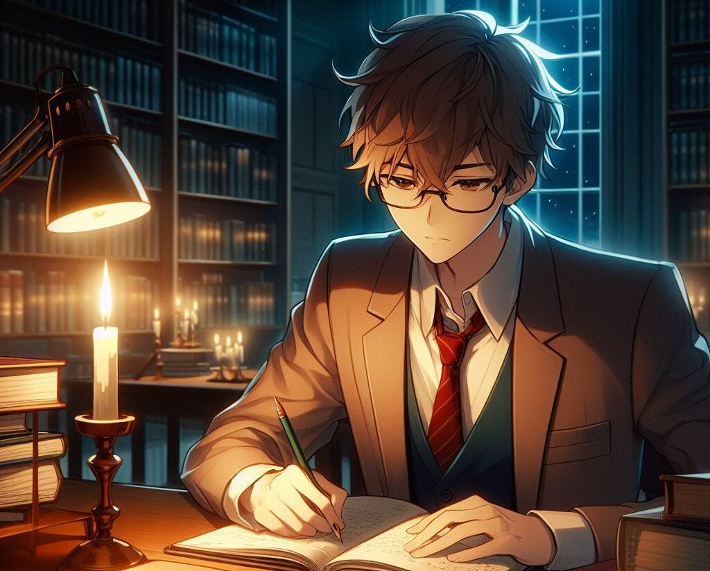 夜の図書館で勉強する男性